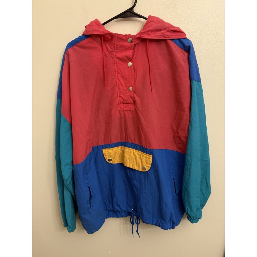 Vtg 90s Sports Accent Colorblock Windbreaker Jacket 2XL Anorak Hooded Retro Pink